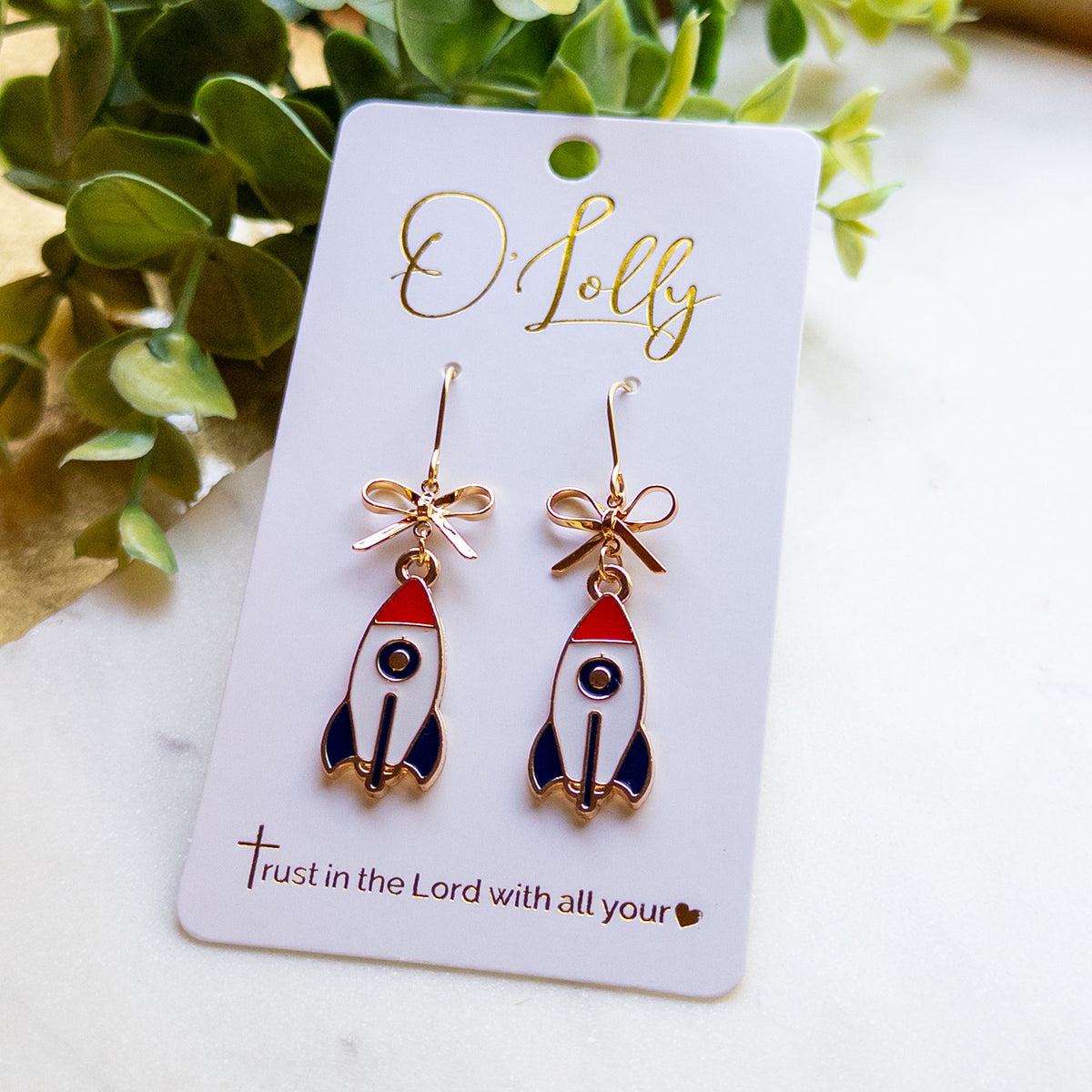 Rocket School Spirit Dangle Earrings – Gold Bow Rocket Earrings – Team Spirit Earrings “Comet”
