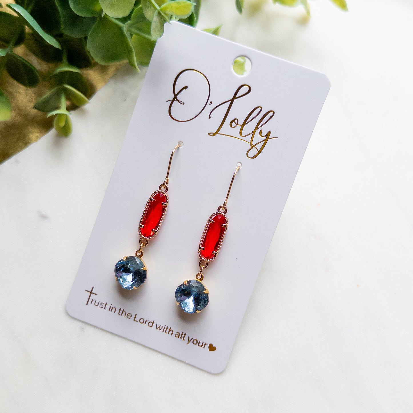 Red & Blue Crystal Drop Earrings | Gold-Tone Dangle Earrings “Scarlett”