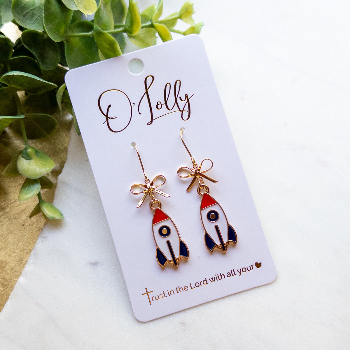 Rocket School Spirit Dangle Earrings – Gold Bow Rocket Earrings – Team Spirit Earrings “Comet”