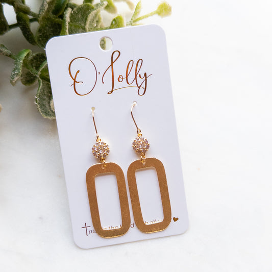 Gold Open Rectangle Earrings w/CZ Round Connector “Clara”