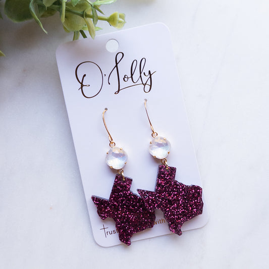 Maroon and White Glitter Acrylic Texas Earrings w/Stone