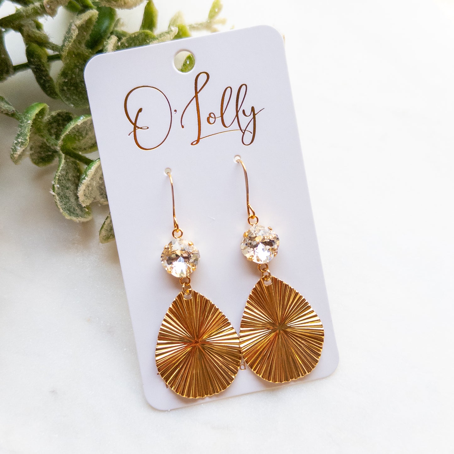 Clear Stone w/Gold Textured Teardrop Earrings “Kaylee”