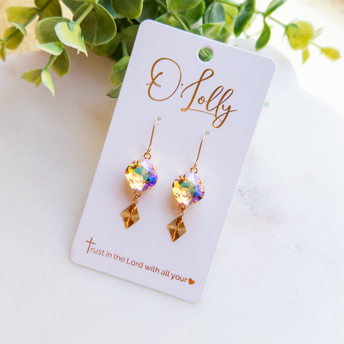 Gold Iridescent Crystal Charm Earrings “Burny”