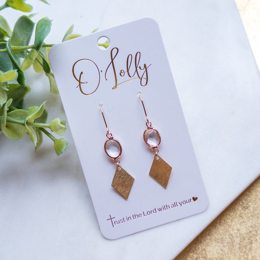 Clear Glass Connector w/Diamond Shaped Gold Plated Dangle Earrings- “Tina”