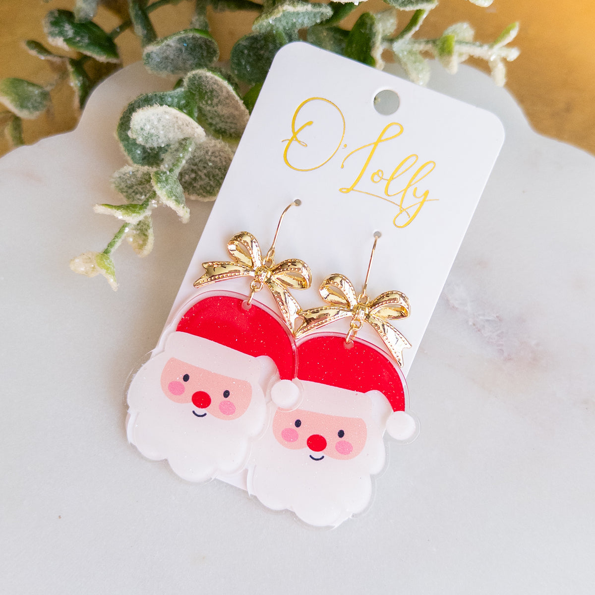 Santa Claus Christmas Dangle Earrings – Glitter Santa Faces with Gold Bows
