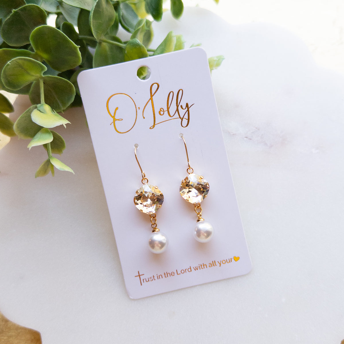 Gold Champagne Crystal Pearl Drop Earrings “Rebecca”