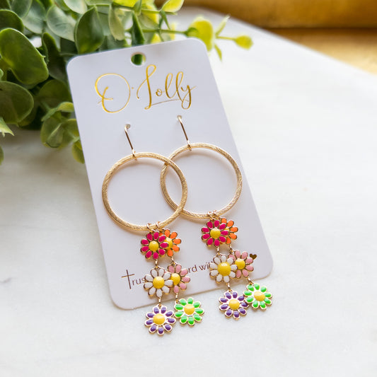 Gold Hoop w/Colorful Flower Dangles - “Alisha”