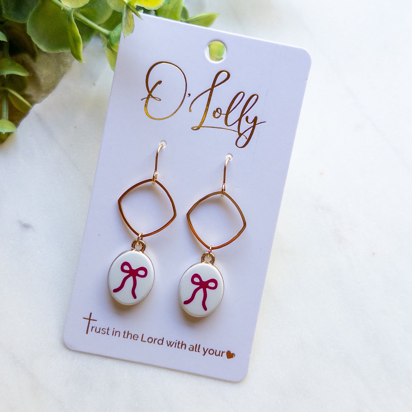 Maroon Bow Charm & Gold Open Diamond Earrings “Shiloh”