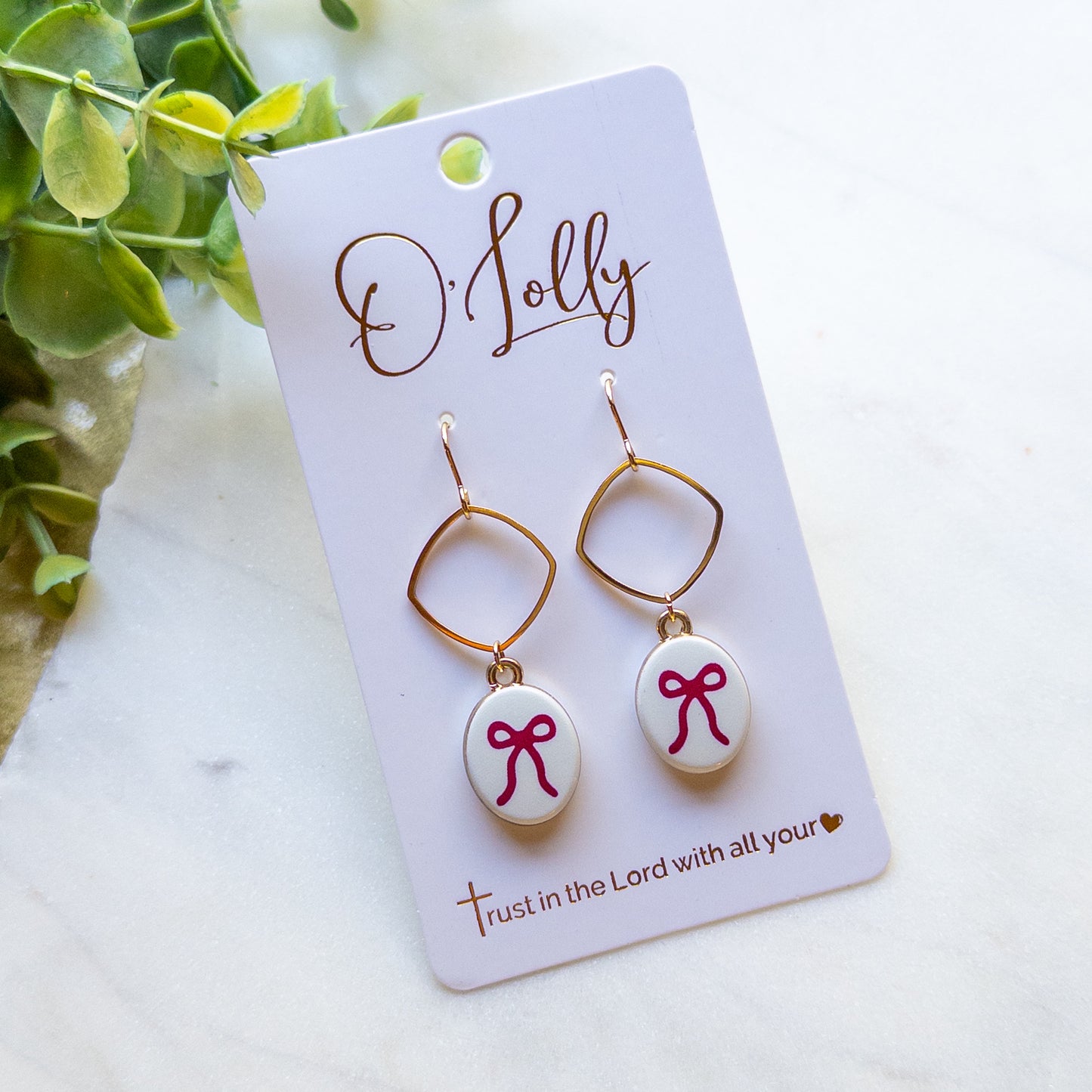 Maroon Bow Charm & Gold Open Diamond Earrings “Shiloh”