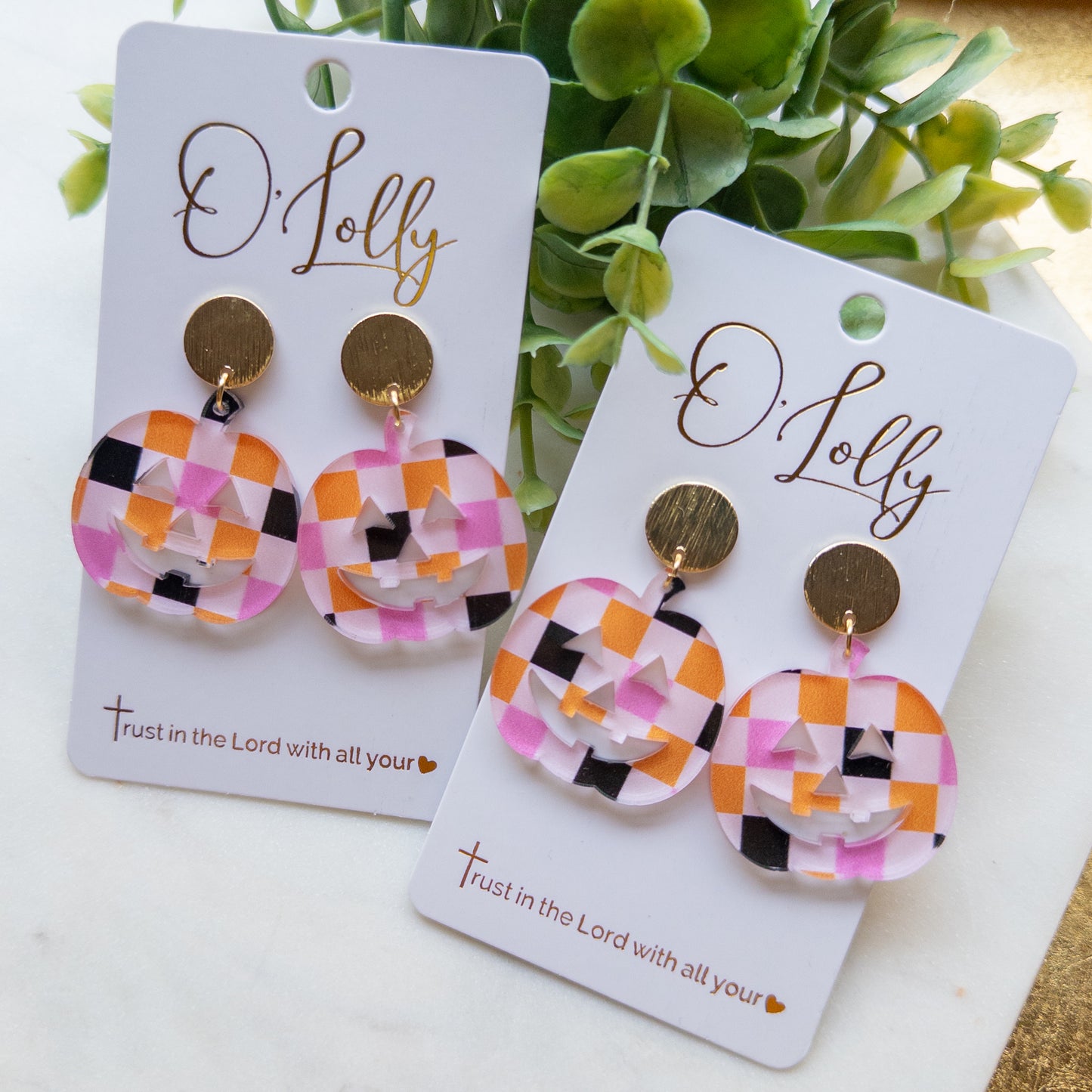 Pink Plaid Pumpkin Earrings- Halloween Style 2