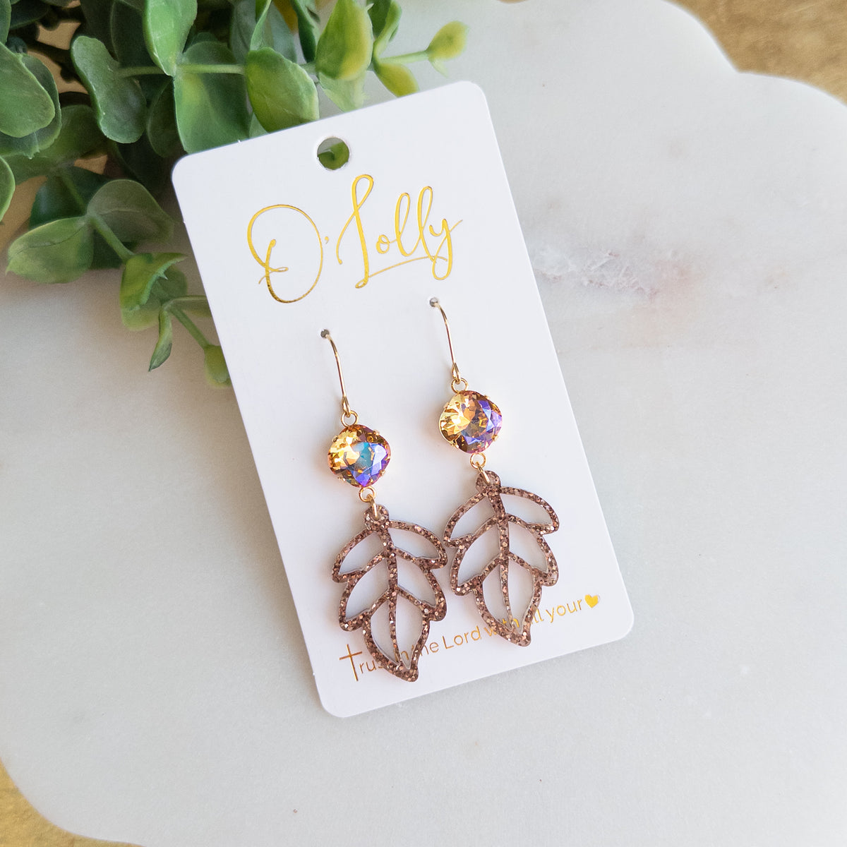 Brown Glitter Leaf Dangle Earrings – Sparkling Crystal Accents