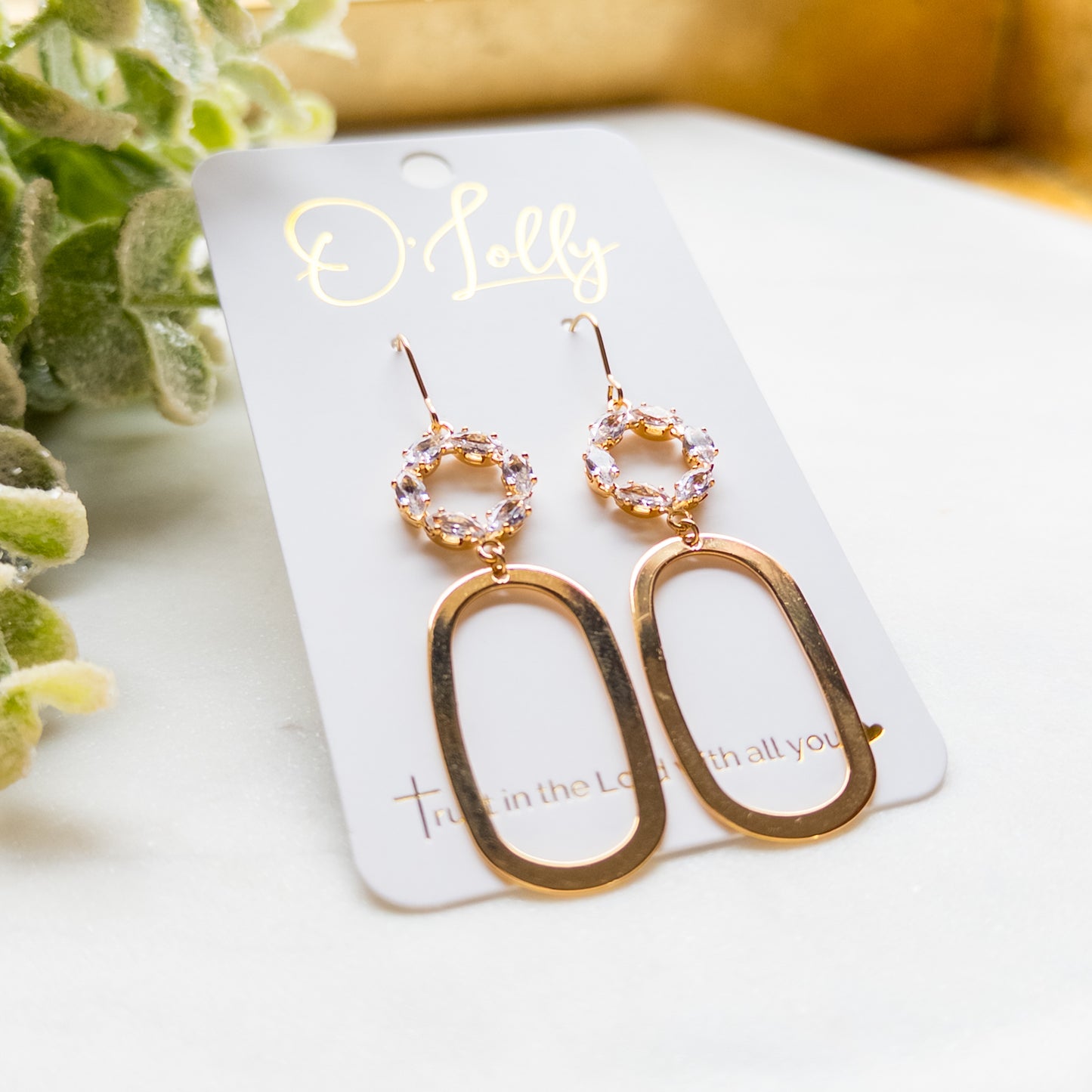 Cubic Zirconia Open Connector w/Gold Plated Open Oval Earrings “Oaklee”