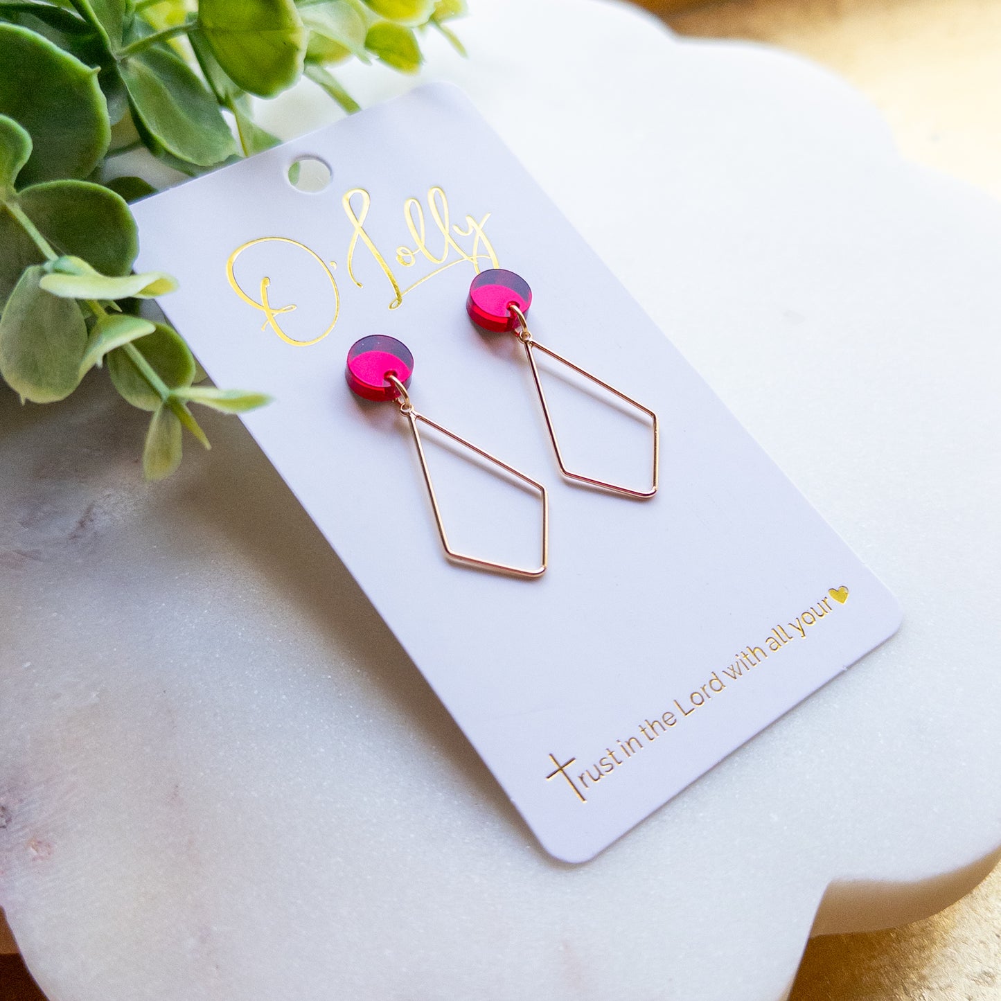 Burgundy Geometric Gold-Tone Drop Earrings