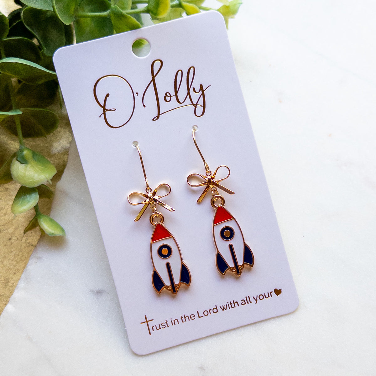 Rocket School Spirit Dangle Earrings – Gold Bow Rocket Earrings – Team Spirit Earrings “Comet”