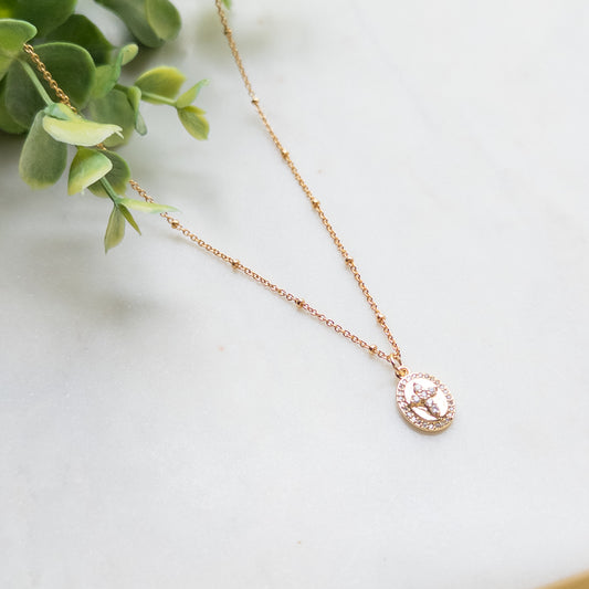 18K Gold Plated Beaded Chain w/Gold Oval Rhinestone Cross Charm Necklace