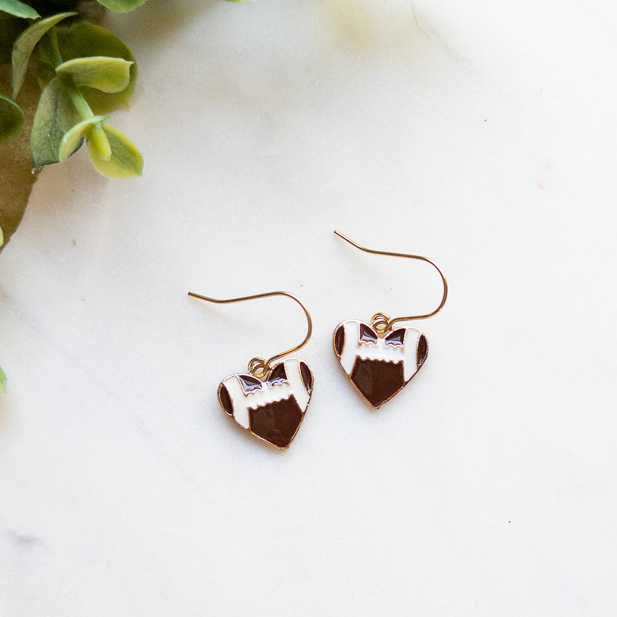 Football Heart Dangle Earrings – Gold Football Earrings – Game Day Jewelry
