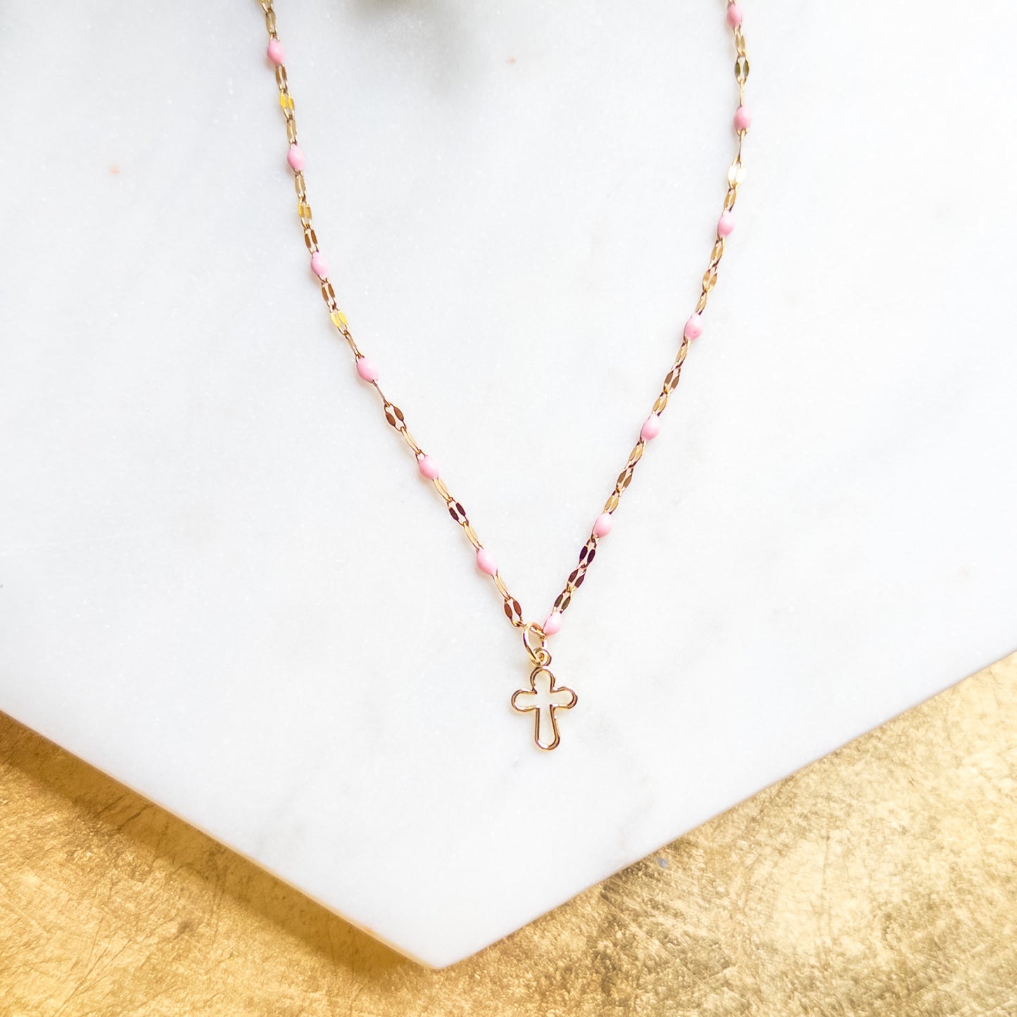 Gold & Pink Enamel Chain w/Open Cross Charm Necklace