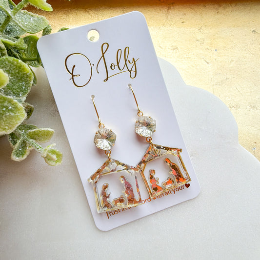 Golden Nativity Scene Dangle Earrings