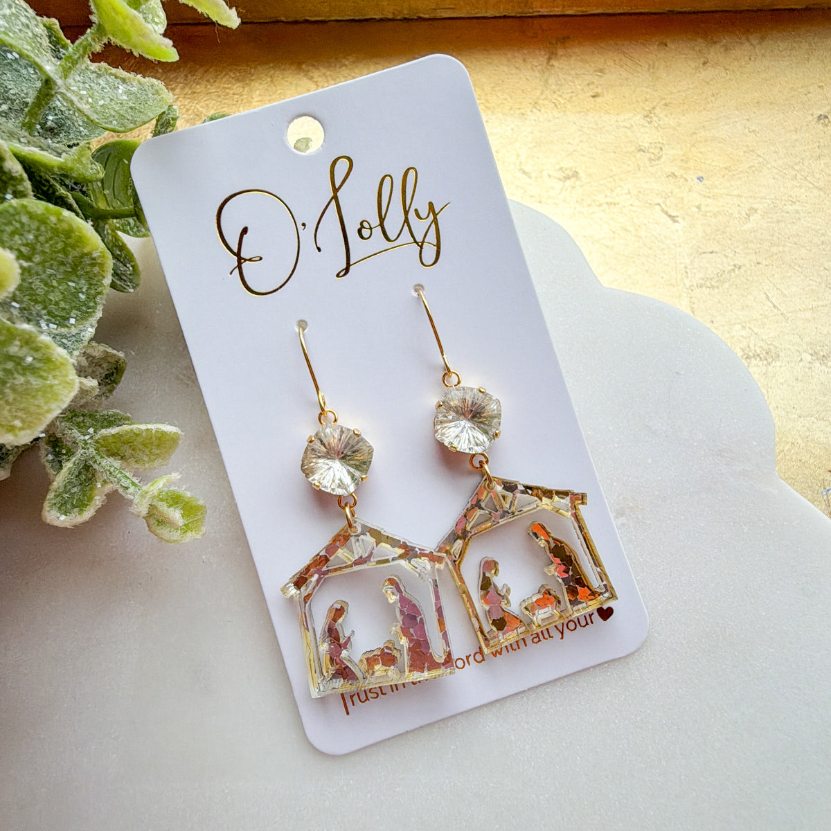 Golden Nativity Scene Dangle Earrings