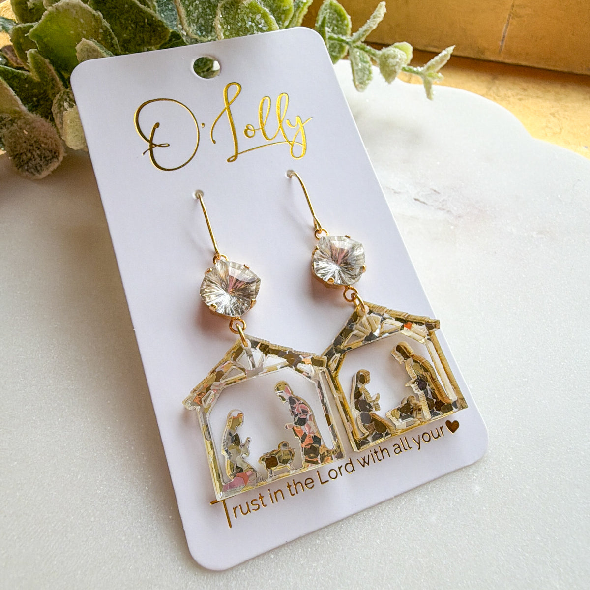 Golden Nativity Scene Dangle Earrings
