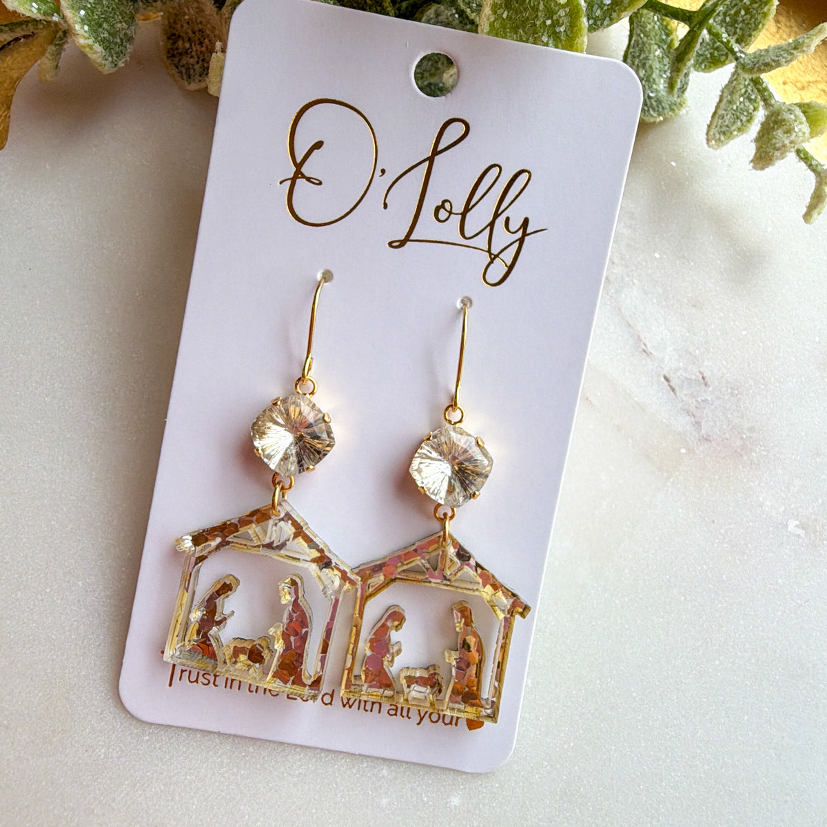 Golden Nativity Scene Dangle Earrings