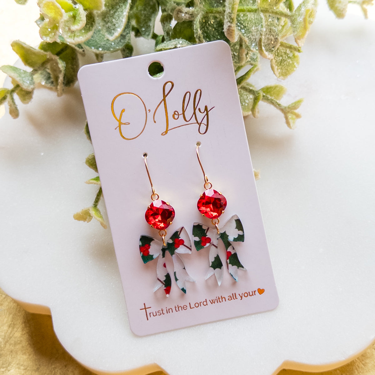 Christmas Holly Bow Dangle Earrings