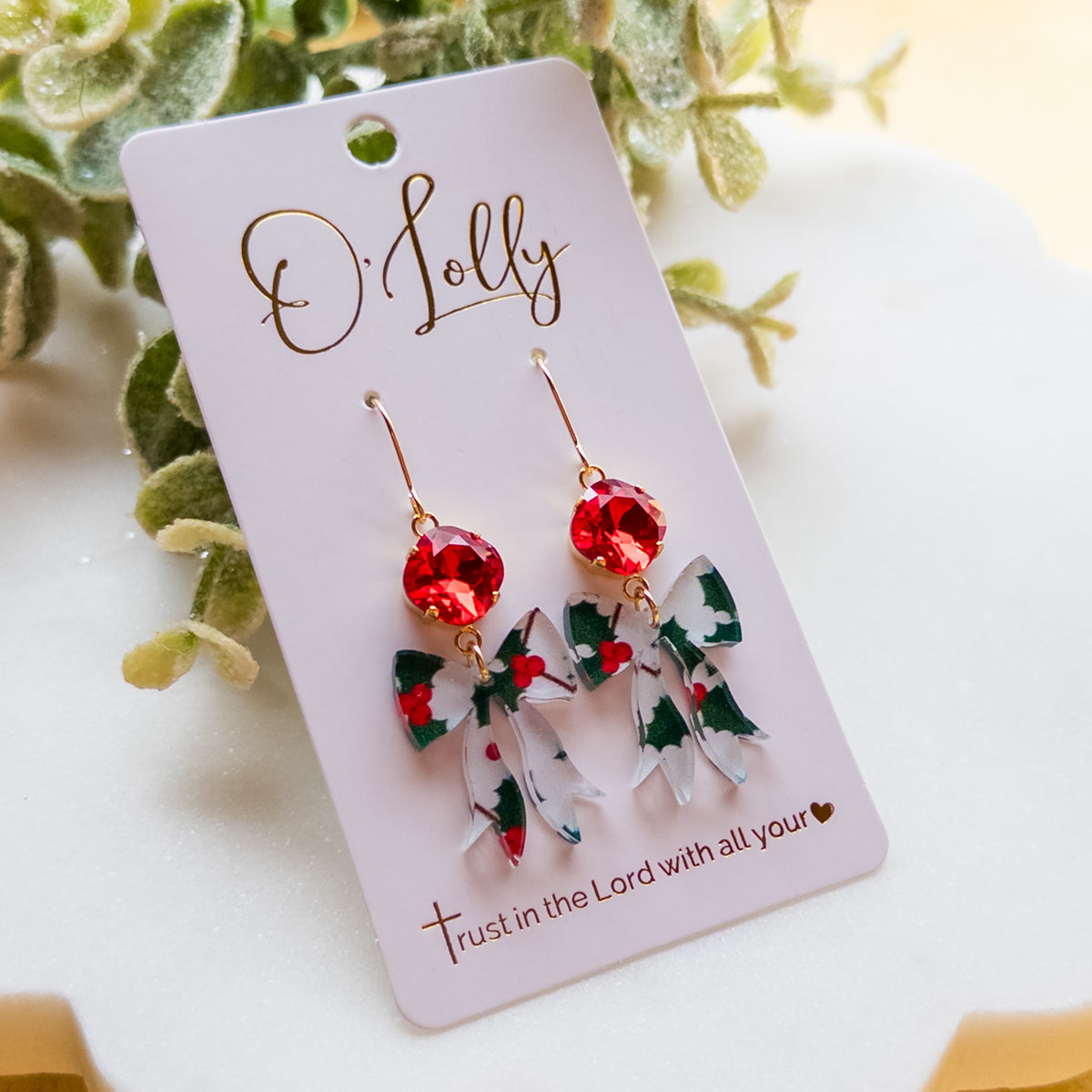 Christmas Holly Bow Dangle Earrings