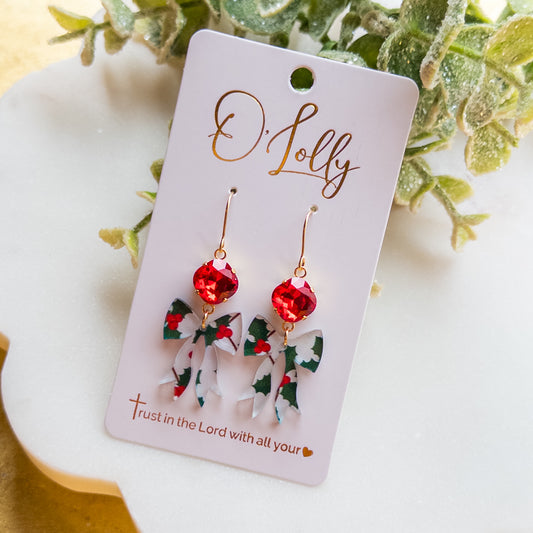 Christmas Holly Bow Dangle Earrings