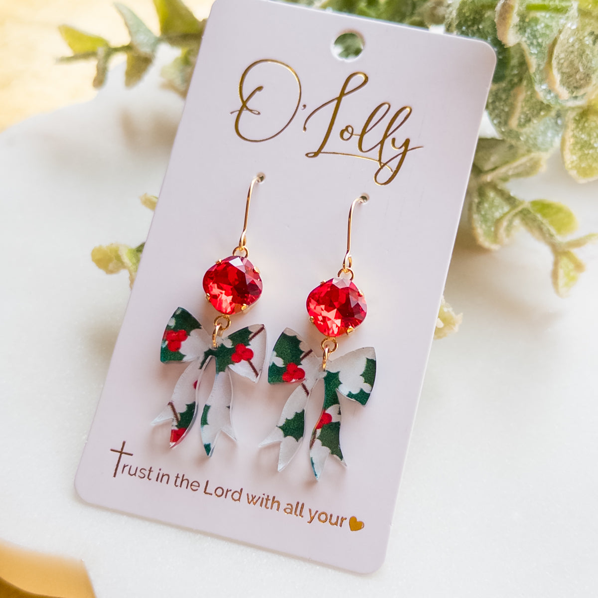 Christmas Holly Bow Dangle Earrings
