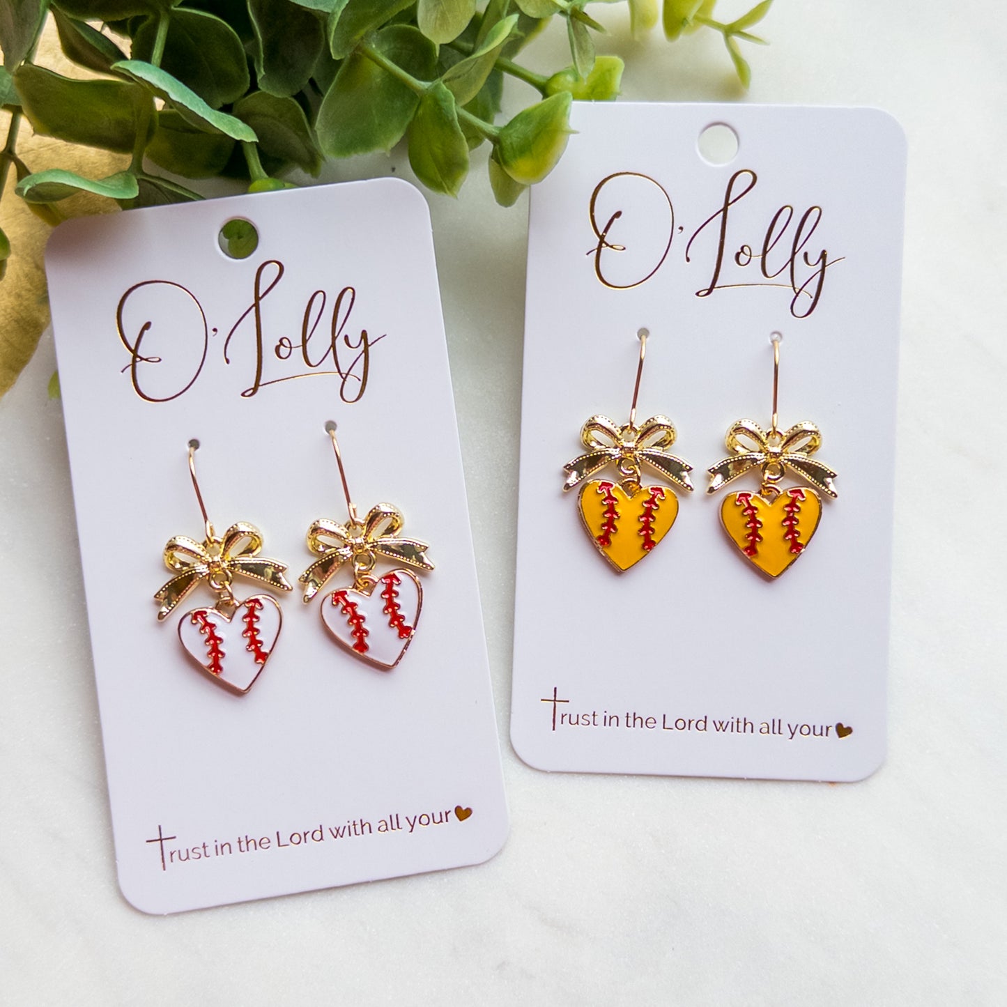 Baseball & Softball Heart Dangle Earrings w/Gold Bow