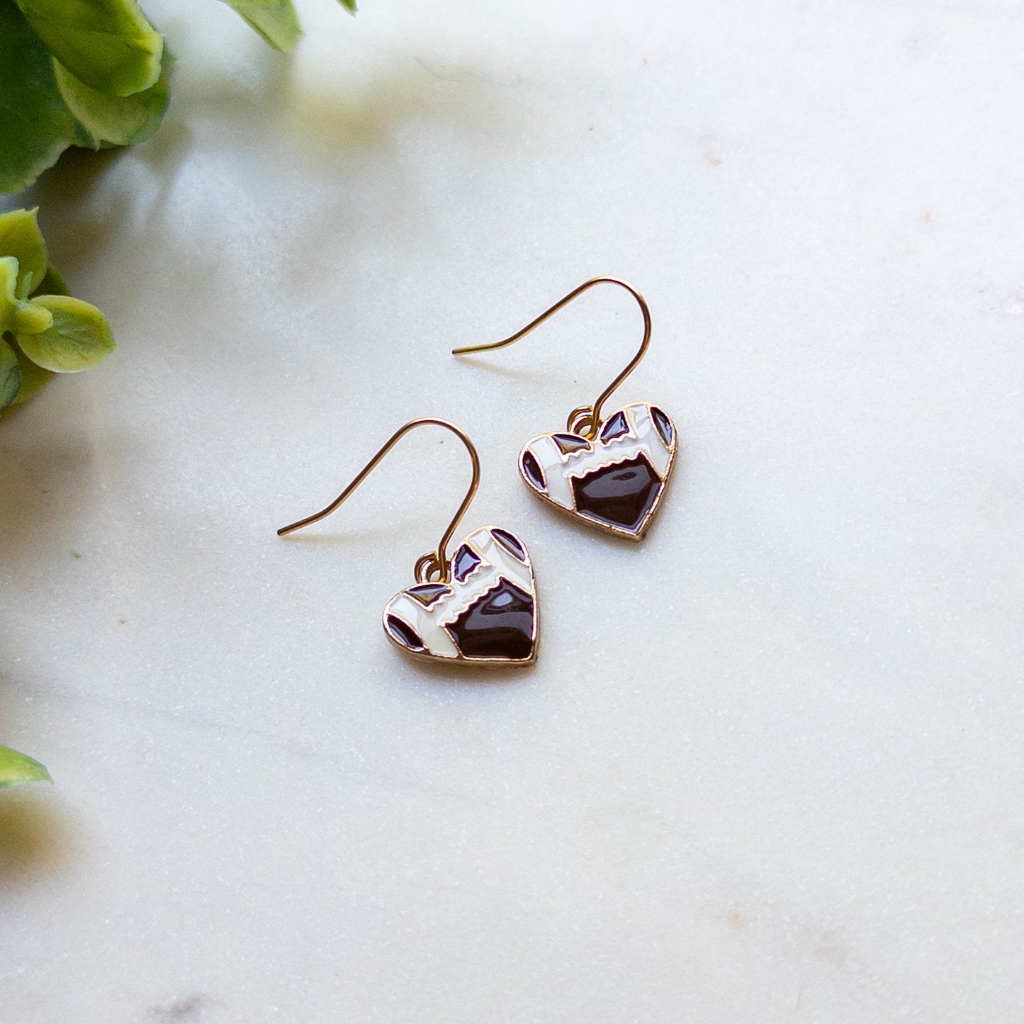 Football Heart Dangle Earrings – Gold Football Earrings – Game Day Jewelry