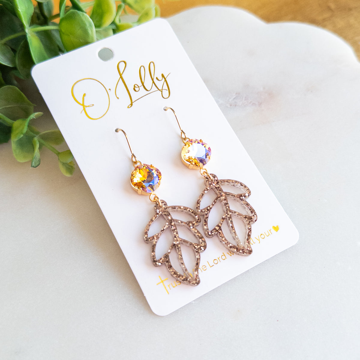 Brown Glitter Leaf Dangle Earrings – Sparkling Crystal Accents