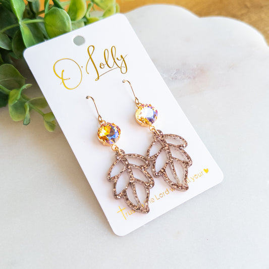 Brown Glitter Leaf Dangle Earrings – Sparkling Crystal Accents