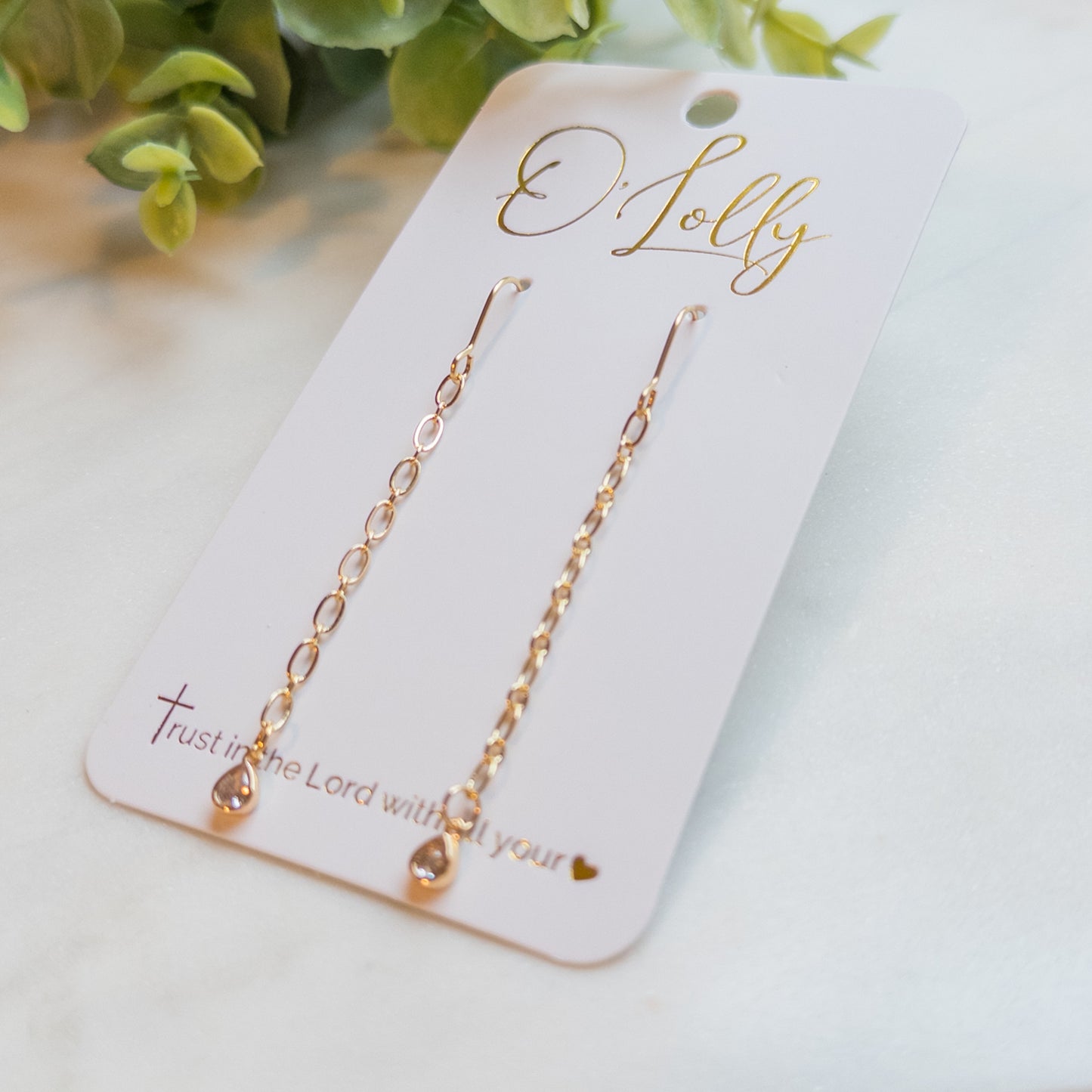 Gold Plated Chain Earrings w/Cubic Zirconia Teardrop