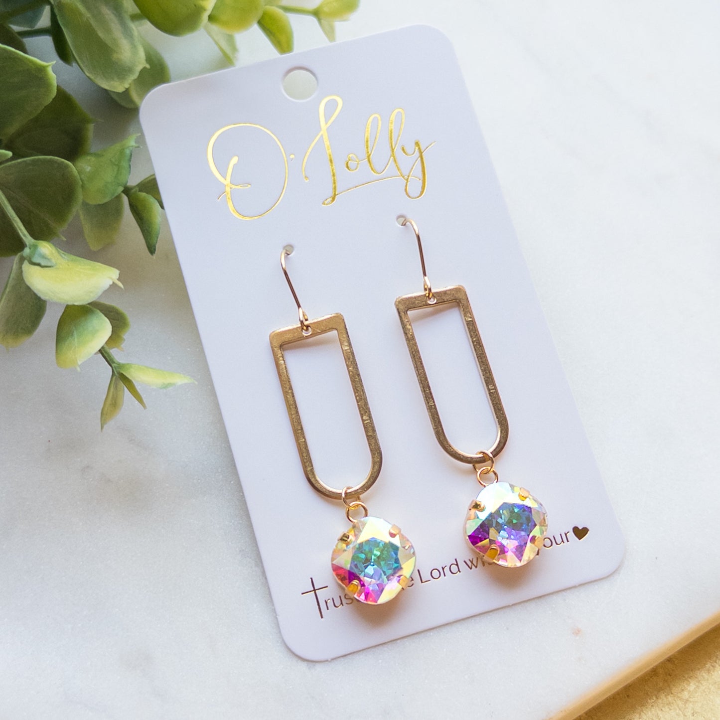 Open Gold Shaped Dangle Earrings w/AB Stone “Julie”