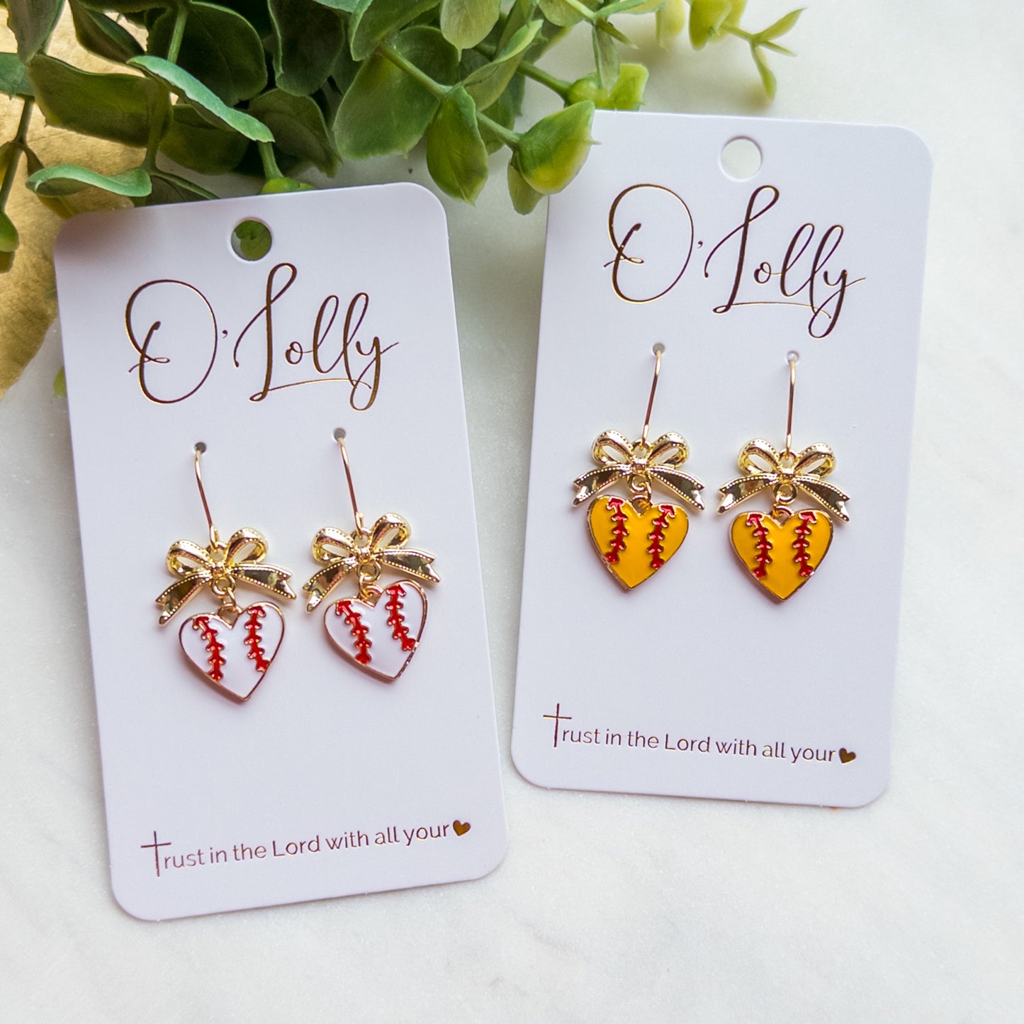 Baseball & Softball Heart Dangle Earrings w/Gold Bow