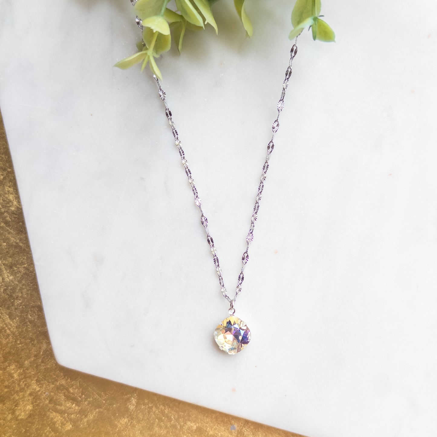 Silver Faceted Chain Necklace w/12mm Clear Cushion Stone