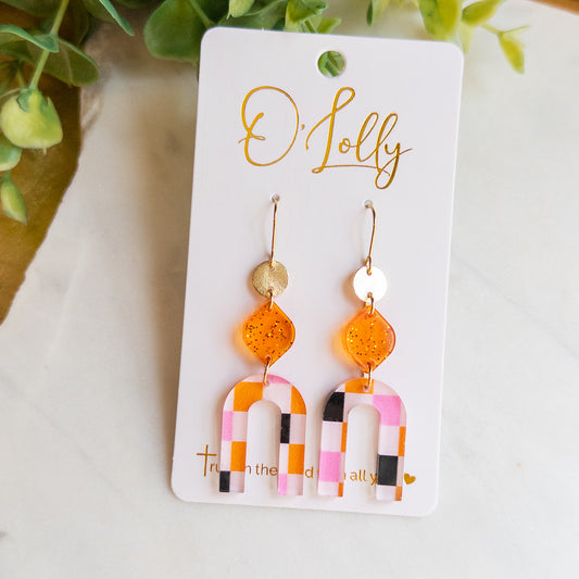 Gold, Orange & Pink Plaid Arch Earrings “Marlowe”