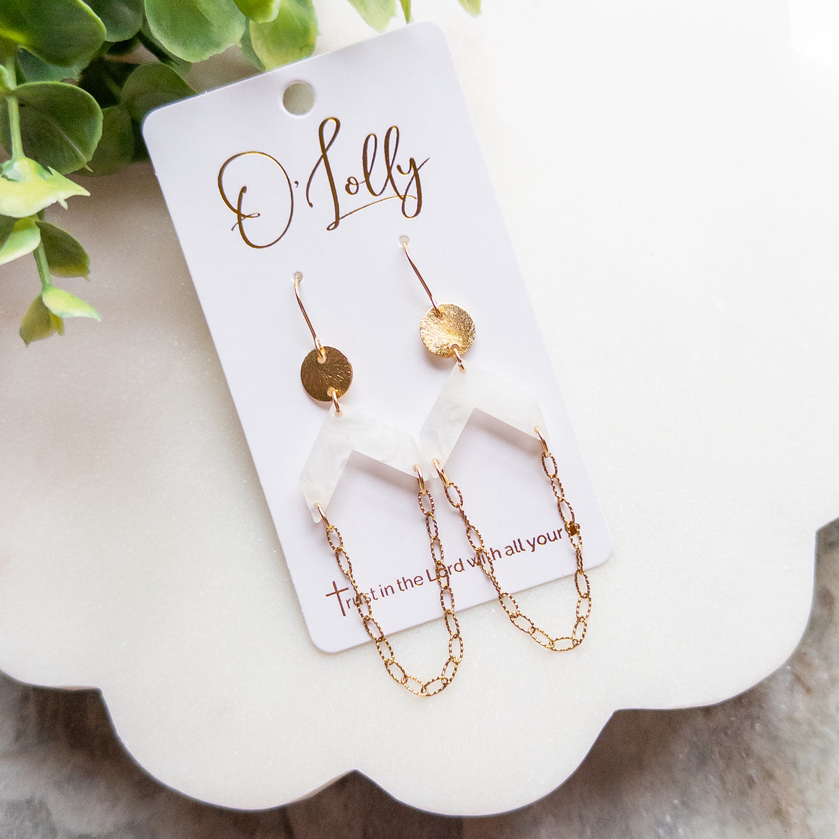 White Geometric Acrylic & Gold Chain Drop Earrings “Celeste”