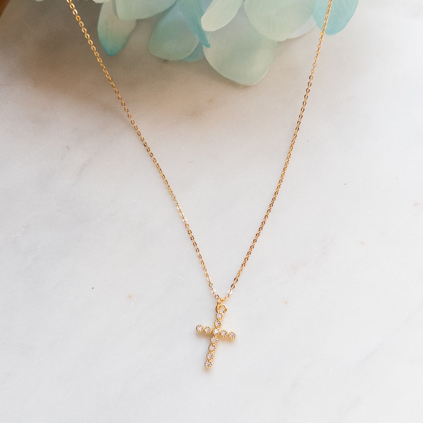 CZ Cross Necklace (18”) Dainty 18k Gold Chain