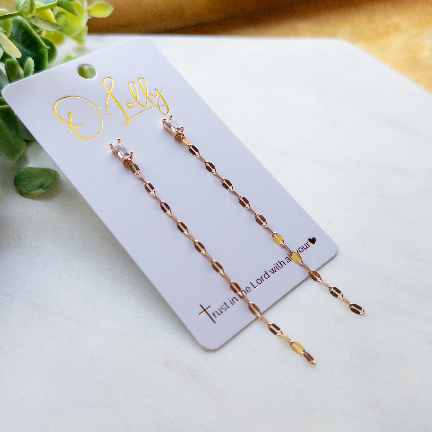 Gold Rectangle CZ Chain Drop Earrings