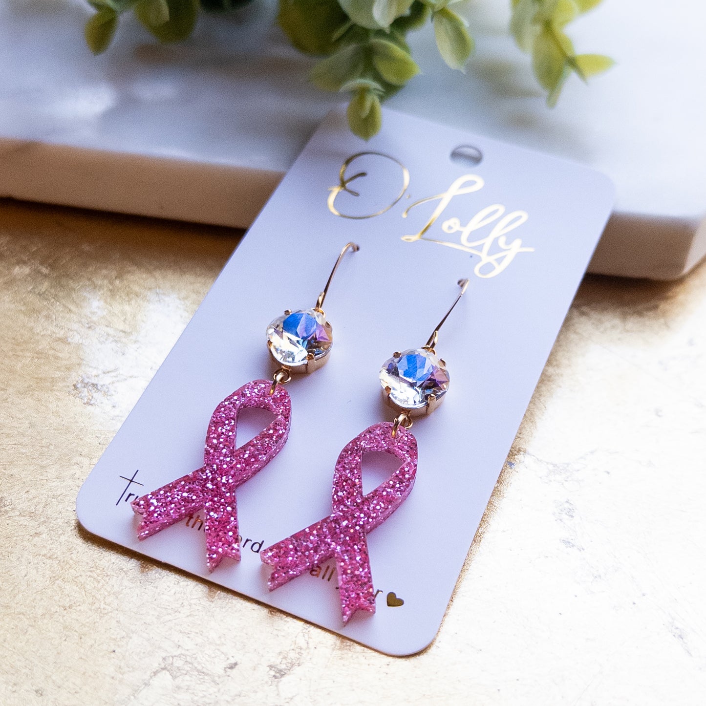 Pink Glitter Breast Cancer Awareness Ribbon Earrings w/Clear ML Stone