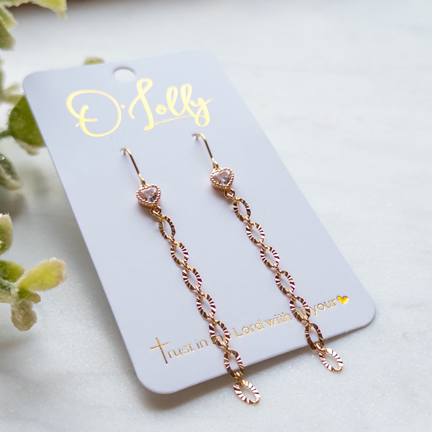 18k Gold Plated Textured Chain Earrings w/Heart Cubic Zirconia Style 6