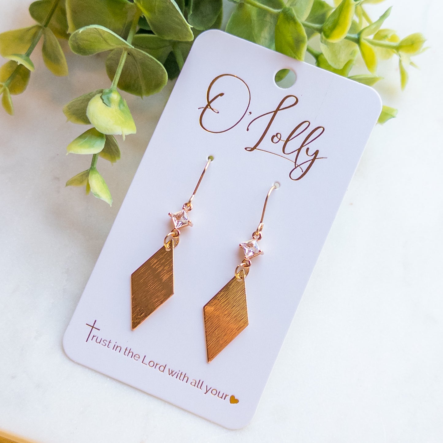 CZ Connector w/Gold Textured Rhombus Dangle Earrings “Misty”