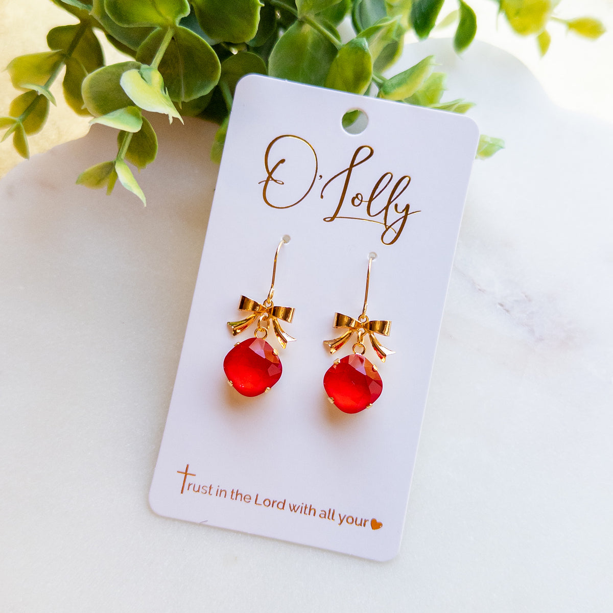 Gold Bow Red Crystal Drop Earrings “Rudy”