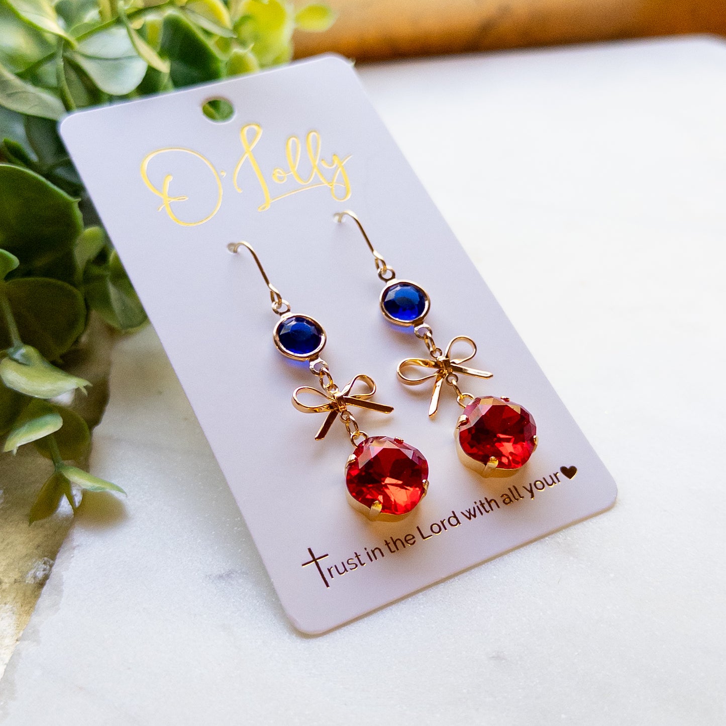 Crystal Bow Dangle Earrings – Red & Blue Rhinestone Earrings – Gold Bow Statement Earrings “Missy”