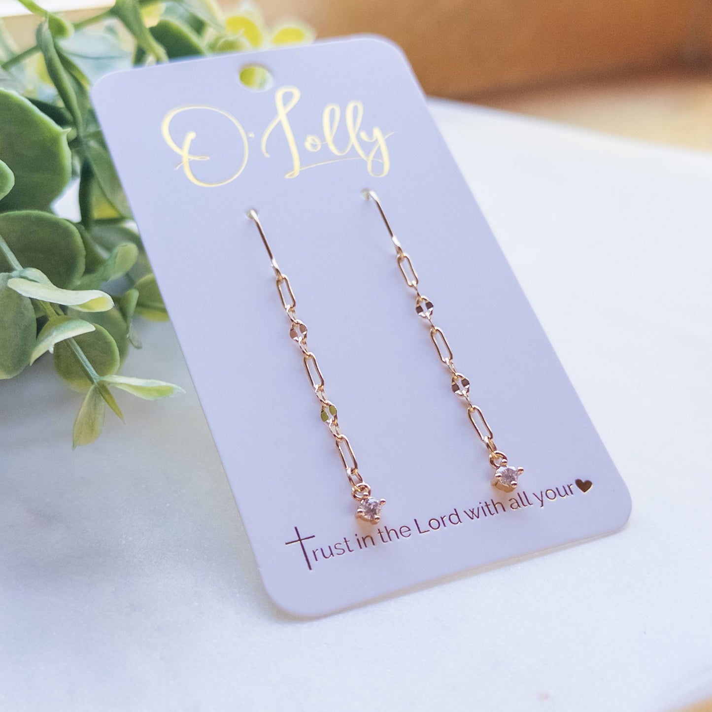 18k Gold Plated Chain Earrings w/Dainty CZ Dangle Earrings