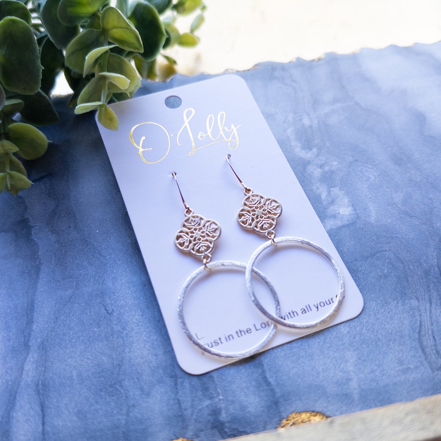 Gold & Silver Style Earrings, Gold Quatrefoil w/Silver Hoop (SALE)