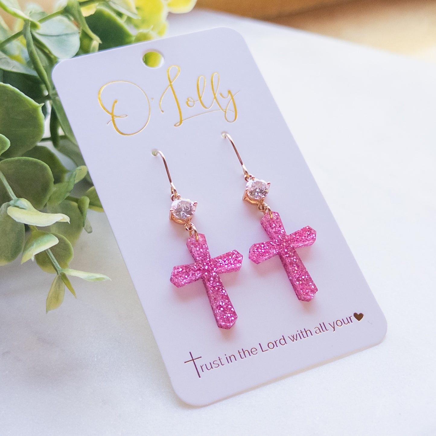 Sparkle Pink Acrylic Cross w/CZ Connector Dangle Earrings - “Trudy”