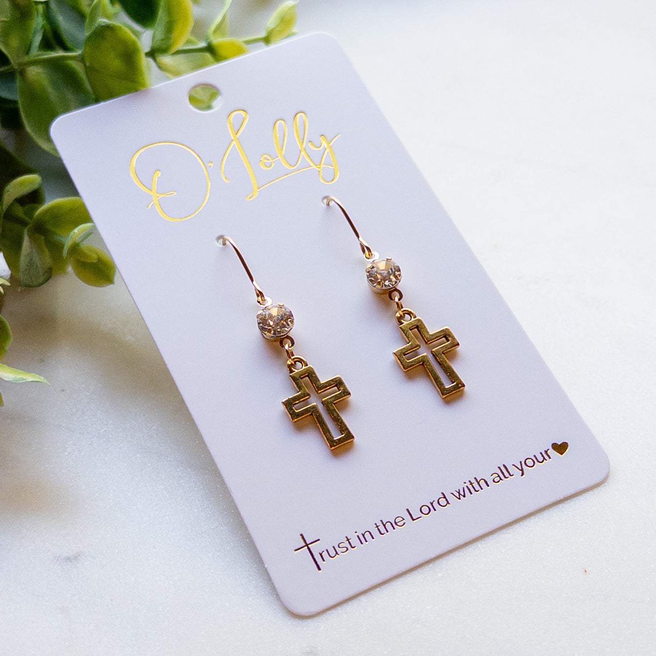 Antique Gold Cross & Crystal Dangle Earrings